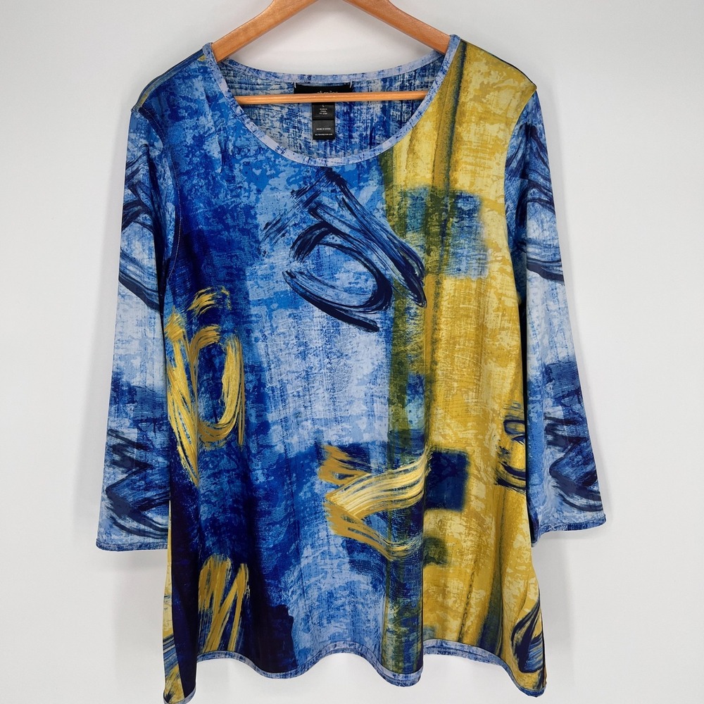 Ali Miles Tunic Top Women Sz L Colorful 3/4 Sleeve Artsy Abstract Print Blouse - Picture 10 of 11